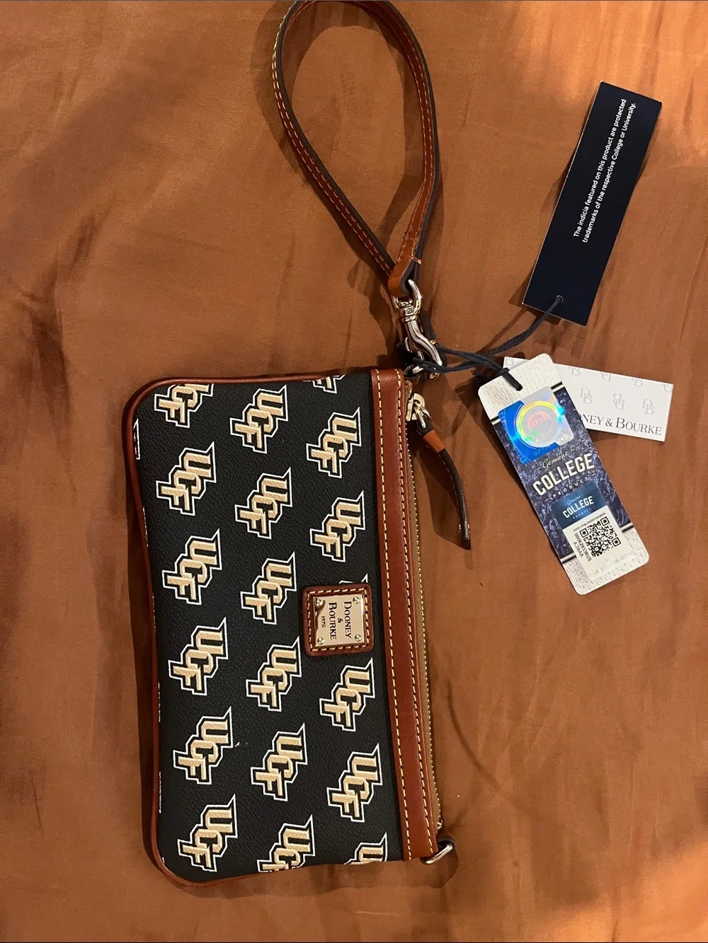 UCF Themed Dooney & Bourke Black and Tan Logo Wristlet with Leather Trim